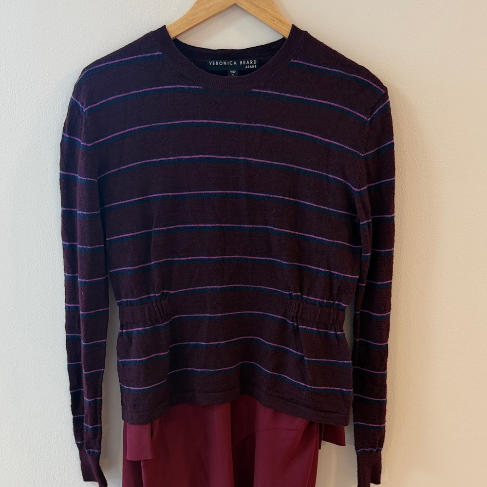 Veronica Beard Burgundy Crewneck Sweater with Blue-Pink Stripes - Very good S